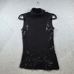 Say What? Womens Black Ribbed Sequin Turtleneck Sleeveless Top Large Cotton 1106